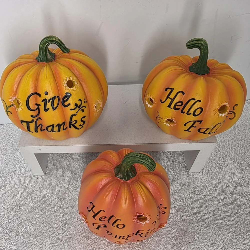 Set Of 3 Light Up Battery Orange Pumpkins Welcome Hello Fall Season Give Thanks